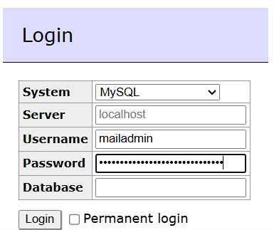 adminer Mailadmin login